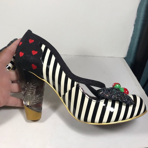 Irregular Choice Black and White Striped Heels with Red Heart Strawberry Accent - Picture 5 of 7